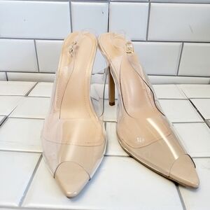 Women’s Clear Plastic Beige Patent Leather Peep Toe Slingback Heels 4in Heel